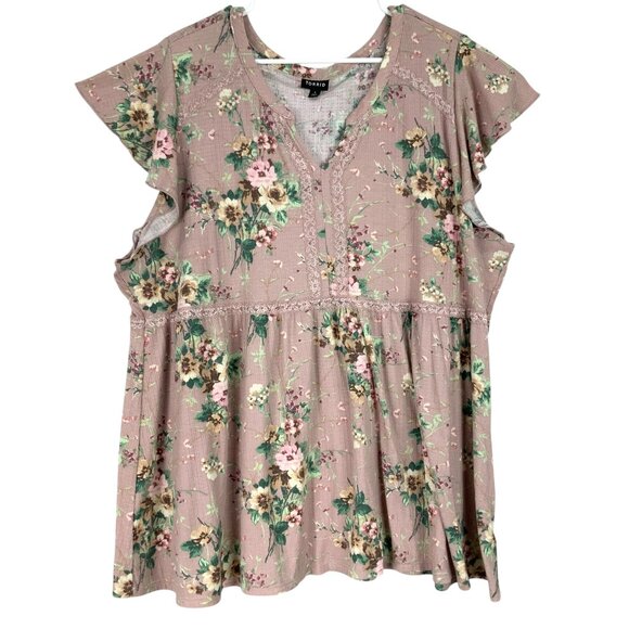 Torrid Floral Ruffle Sleeve V-Neck Top Mauve Pink Boho Peasant Blouse Size 4 - Picture 1 of 5